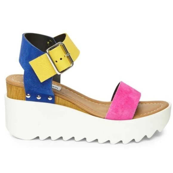 Steve Madden Keanu multi Platform Wedge Sandals Pink Yellow Blue KEAN02S1 38 - Picture 2 of 8